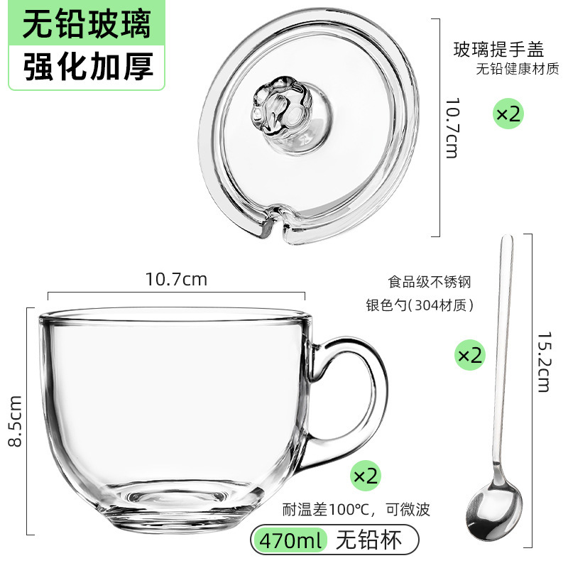470ml无铅早餐杯（2只）+玻璃盖（2只）+银色勺子（2只）