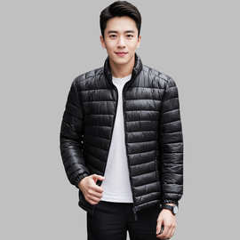 大码男士轻薄款棉衣短款冬季羽棉棉服修身外套立领棉袄黑色工作服
