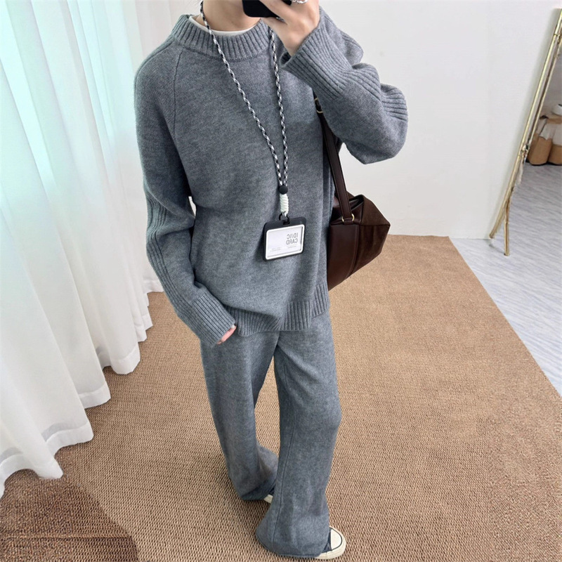 跨境外贸针织套装女秋冬新款慵懒风时尚休闲圆领毛衣阔腿裤两件套|undefined