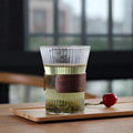 竹柄隔热家居办公高硼硅玻璃杯简约冷水竖纹马克咖啡杯喝茶竖纹杯