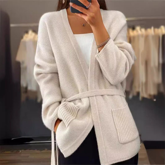 Foreign Trade Women's 2023 Autumn and Winter New Women's Thickened Solid Color Lace-up Knitted Cardigan Loose Pocket Sweater Jacket
