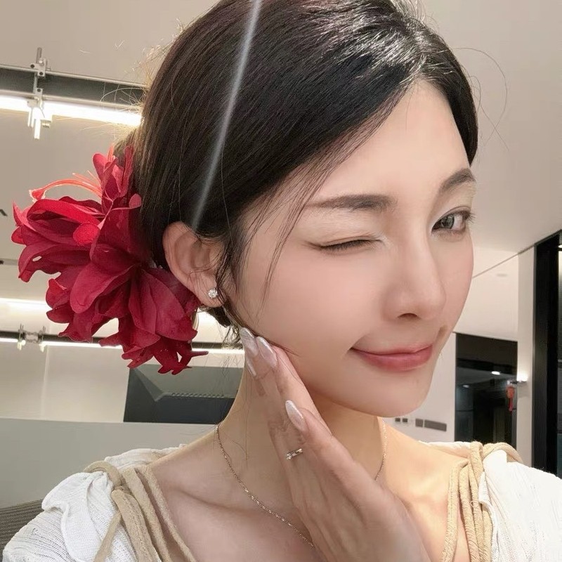 原创【红酒探戈】新中式红色花朵发夹女古风旗袍侧边夹子头花发饰|undefined