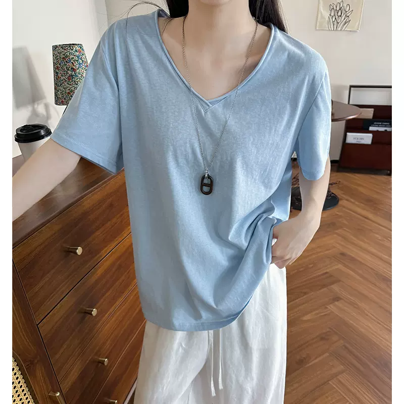 卷边竹节棉V领短袖t恤女夏季新款设计感宽松打底衫百搭松弛感上衣