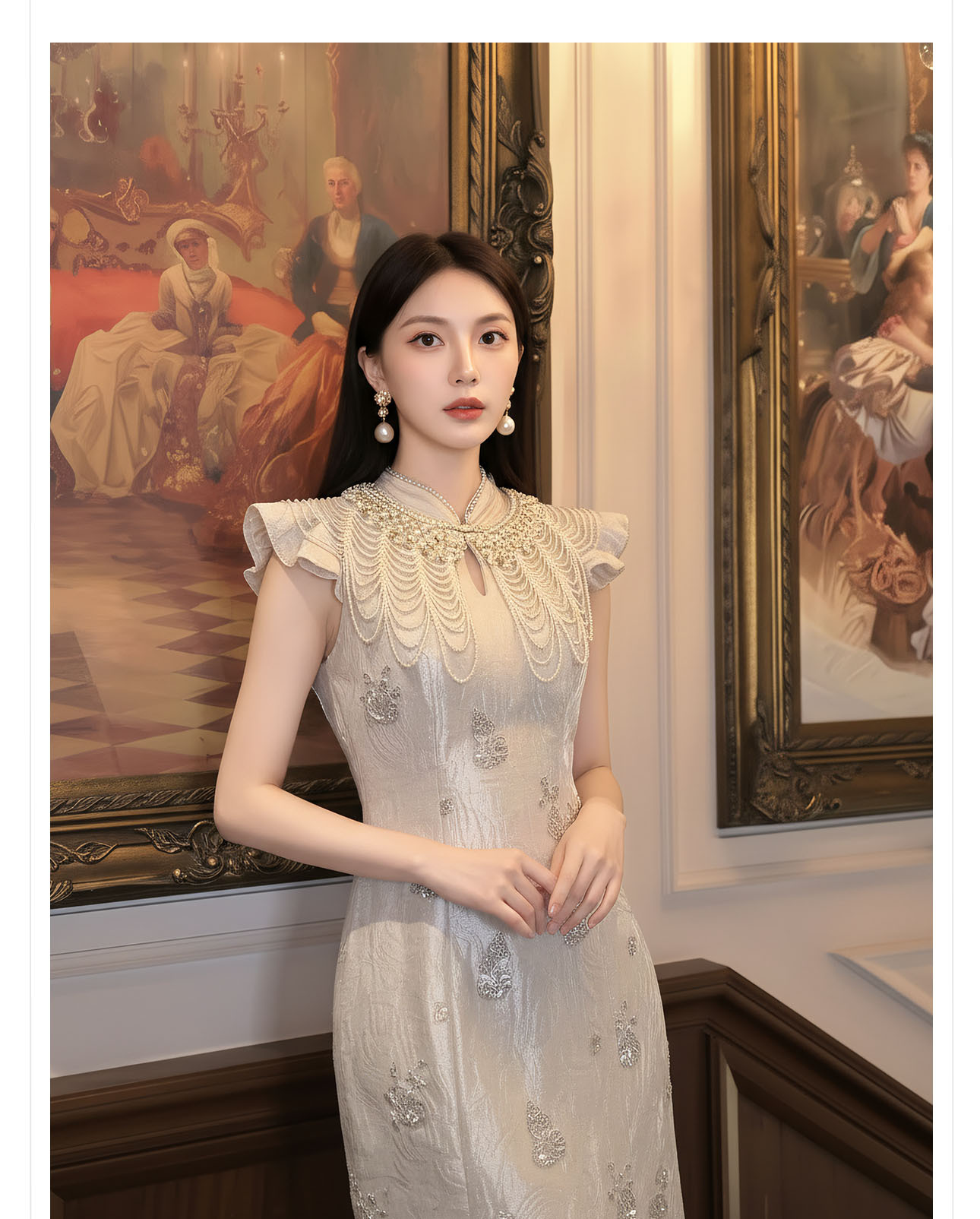 Đầm ôm body nữ phong cách Tân Trung Hoa đính cườm nặng tay thiết kế sườn xám — Xám Hạnh chi tiết 3