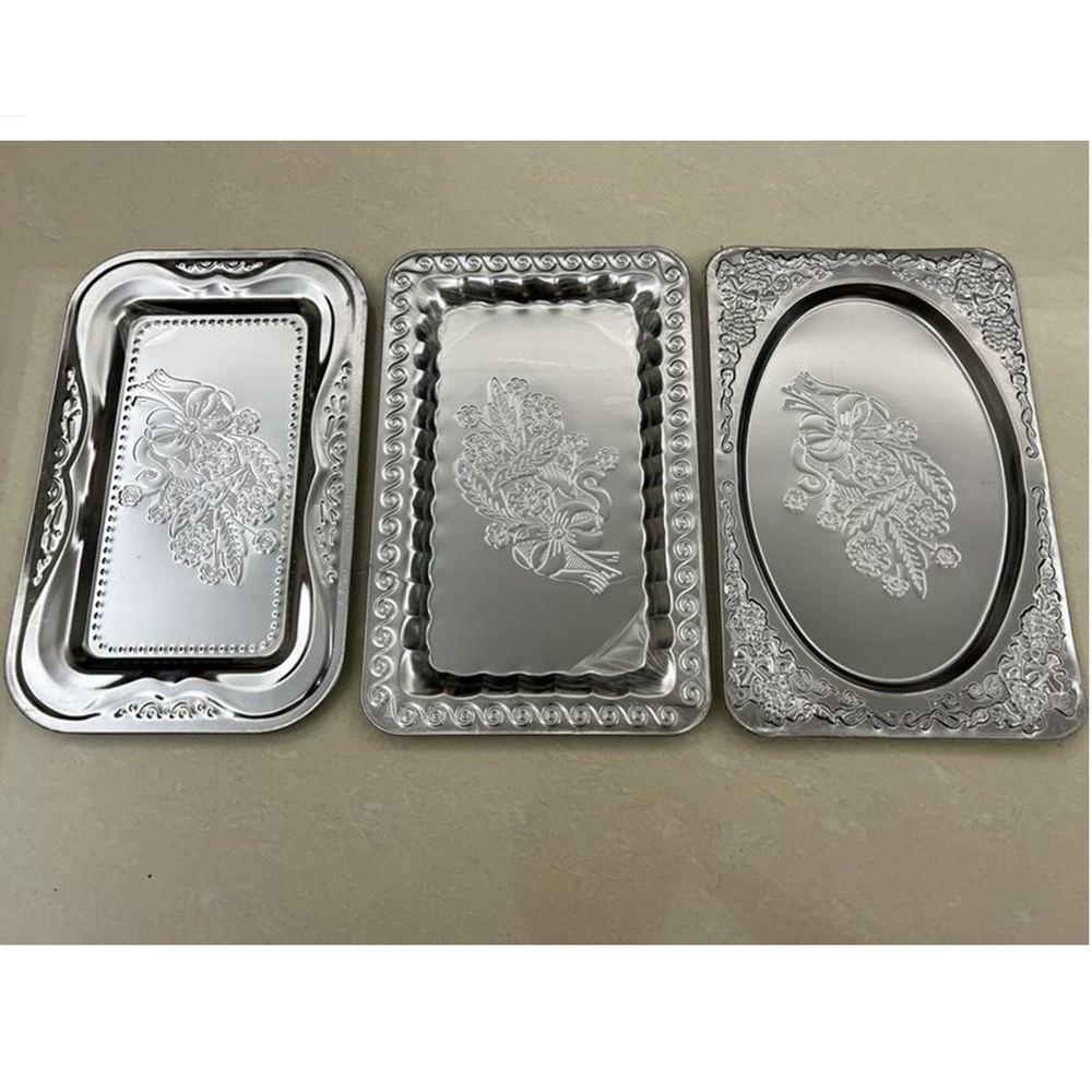 Stainless steel rectangular oval tray embossed metal fruit tray embossed dried fruit cake tray Serving Tray