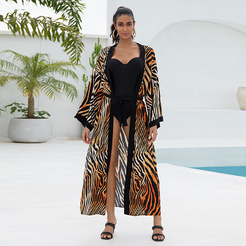 Women's Flowy Cover Up Kimono Beach Dress With Exotic Prints Lightweight Linen Feel Fabric For Pool, Vacation, Boho Outfit_ecoleips.com