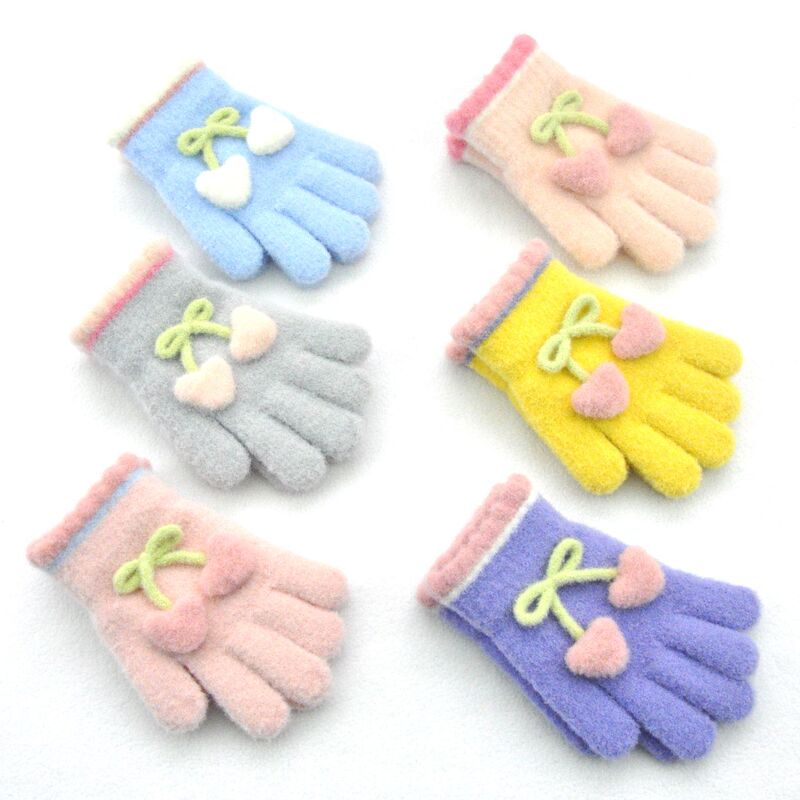 5～11歳の子供向けの新しいぬいぐるみ製指付き手袋、女の子向けのかわいい暖かい裏起毛の編み込みハート柄手袋|undefined