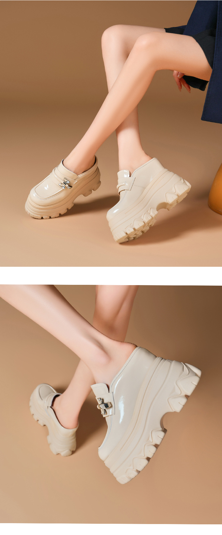 Sandal cao gót nữ mũi hở đế xuồng platform da bóng gót 12 cm — màu đen chi tiết 3