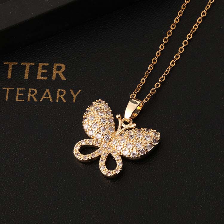 Lady Butterfly Copper Plating Inlay Zircon Pendant Necklace 1 Piece