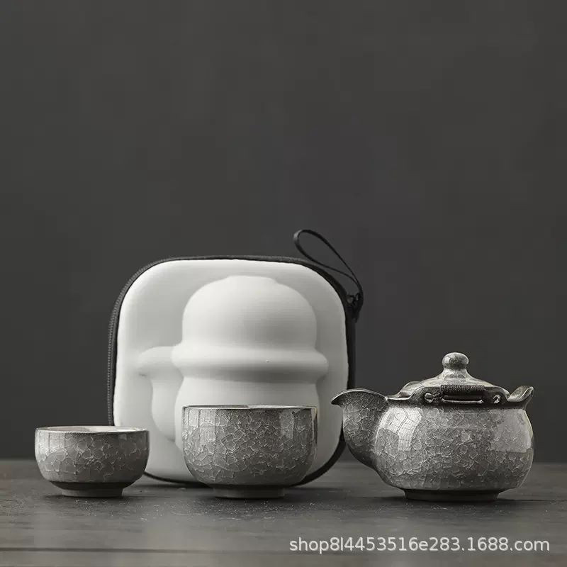 黑冰新式简约陶瓷旅行茶具套装家用便携一壶2杯办公礼物批发logo