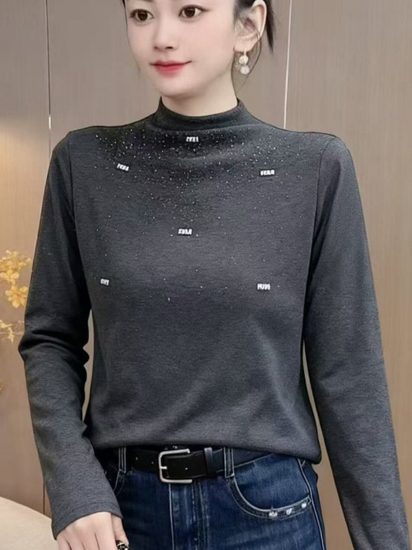 一件代发直播爆款2025秋季半高领打底衫上衣女装新款时尚烫钻长袖|undefined