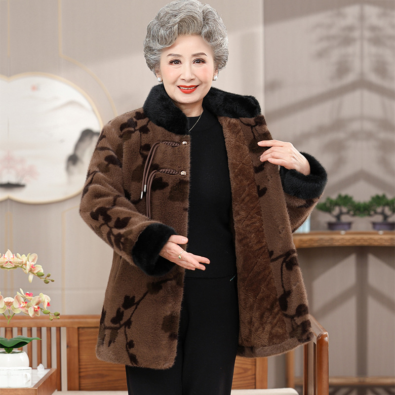 中老年女仿水貂绒大衣奶奶冬装加绒外套高贵仿皮草妈妈新中式棉衣