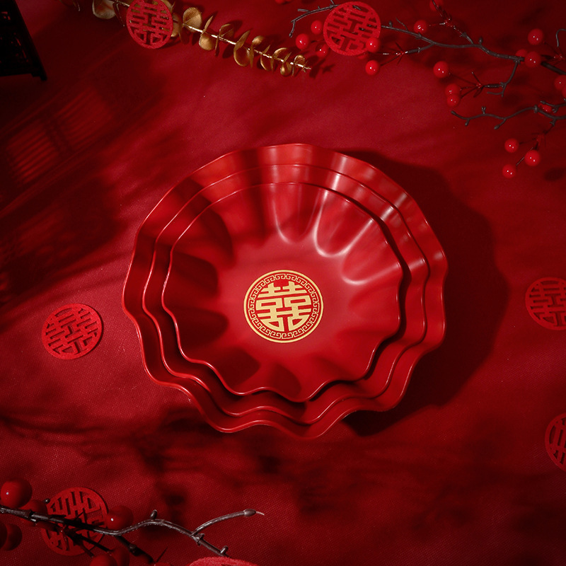 Productos de boda al por mayor nuevos platos de bodas chinos de encaje rojo platos de frutas secas platos de bodas grandes y medianos