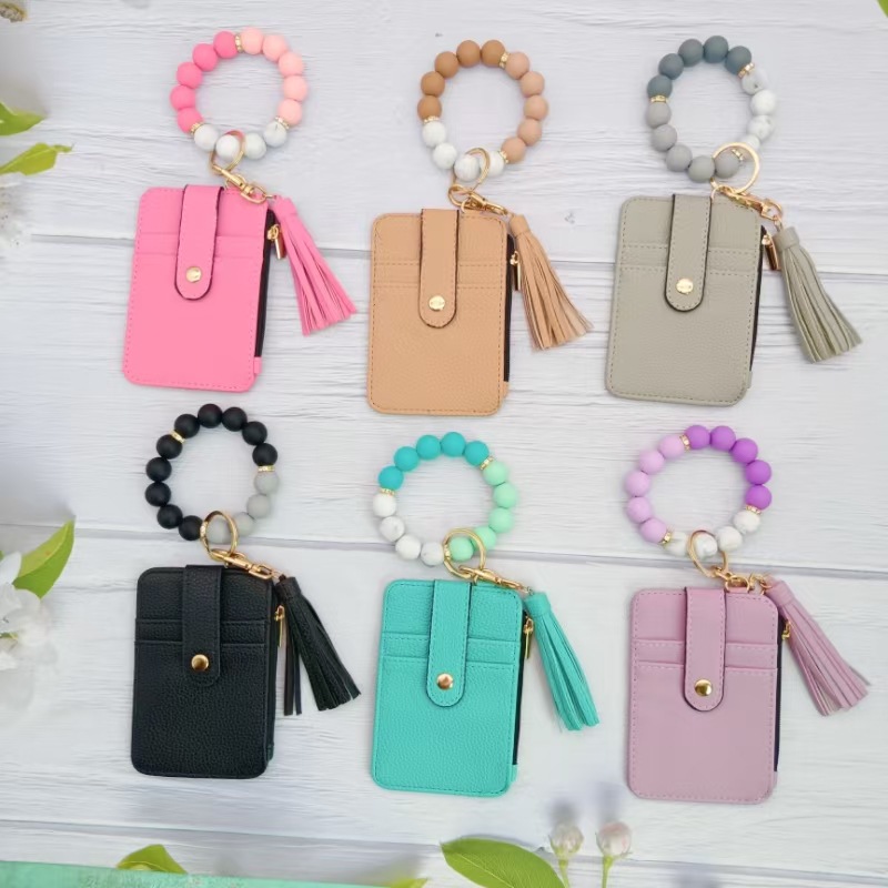 Cross-Border Fashion Silicone Bracelet Folding Card Holder European and American Id Bag Zipper Coin Purse Solid Color Leather Keychain
