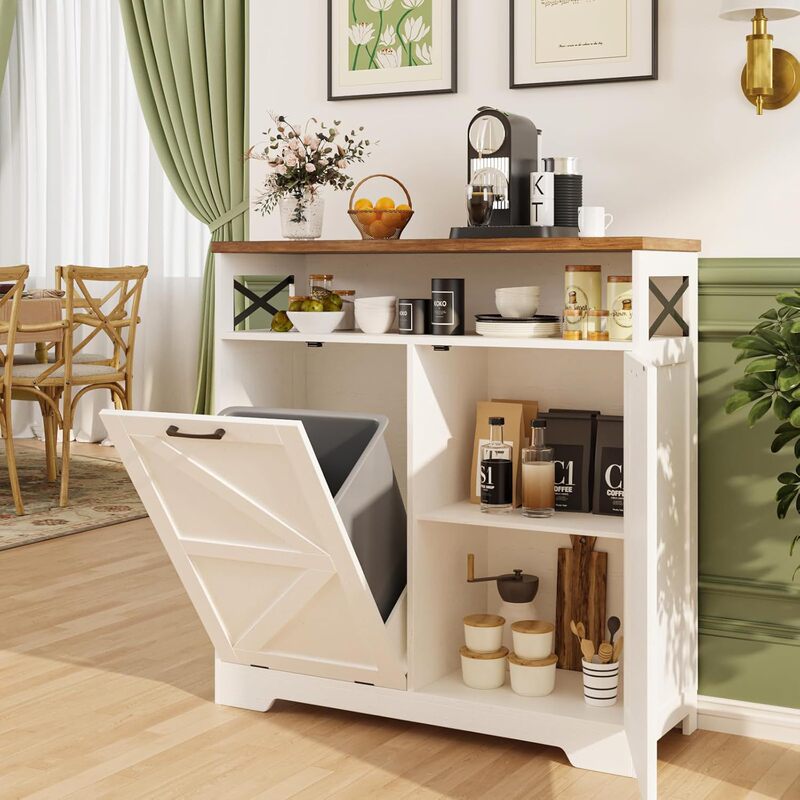 Tilted Trash Can Cabinet with Adjustable Shelves, Farmhouse Kitchen Island Cabinet Can Hide Laundry Tilted Trash Can Cabinet with Adjustable Shelves, Farmhouse Kitchen Island Cabinet Can Hide Laundry