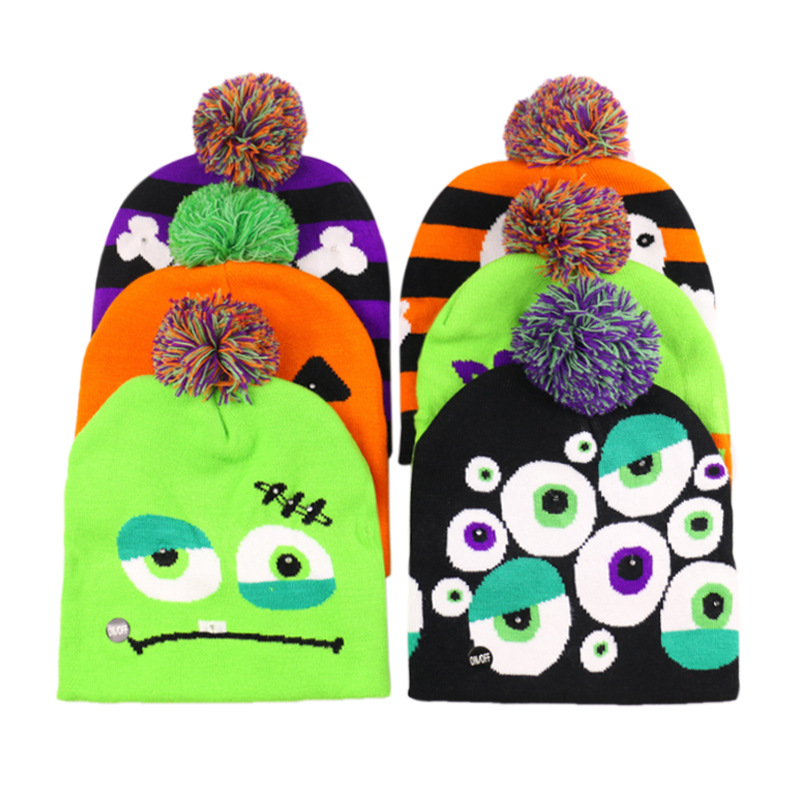 Original design explosion hot selling funny holiday party LED knitted hat pumpkin ghost skull knitted hat Halloween_voghion.com
