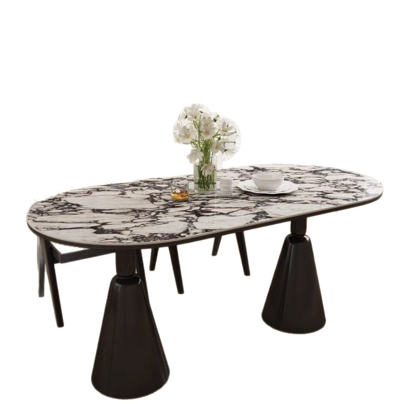 Mesa de comedor del Santo Grial de losa de roca de lujo ligero francés, mesa de comedor y silla para el hogar con crema, restaurante ovalado minimalista moderno, nuevo estilo chino
