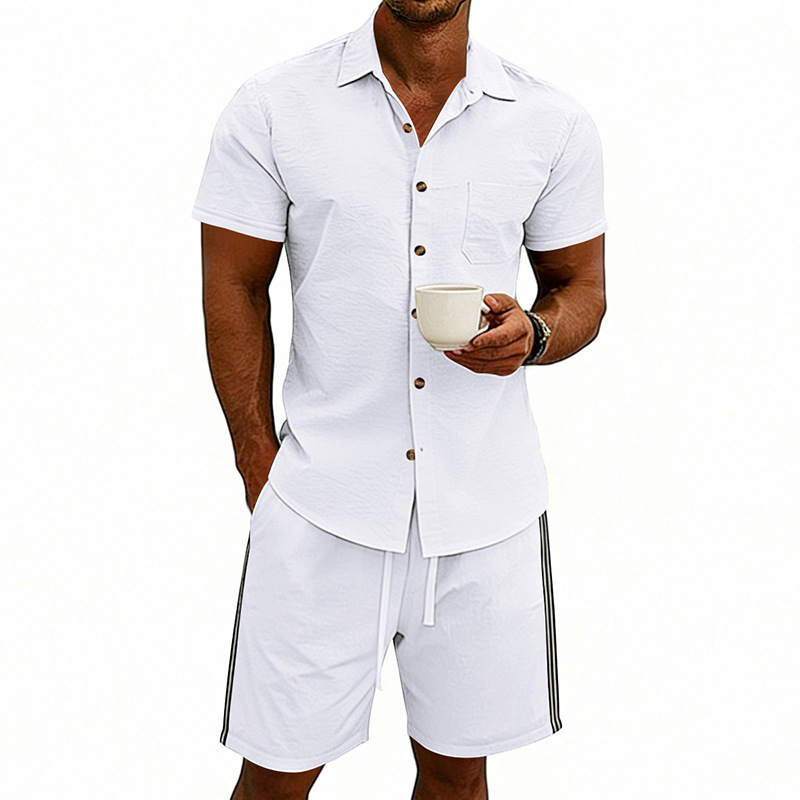 Set uomo estivo con camicia a maniche corte e pantaloncini a righe_voghion.com