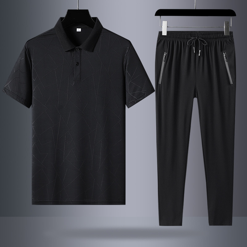 Traje deportivo para hombres de verano de mediana edad casuales de hielo de manga corta polo camiseta pantalones largos grandes secado rápido dos piezas