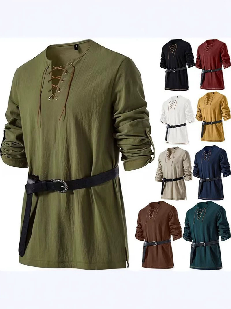 Men's Long-Sleeved Shirt, Loose Fit, European and American Retro Medieval Style Cotton and Linen Shirt, Cross-Border Export, Moisture-Wicking