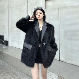 环保防狐狸毛皮草西装外套女秋冬宽松百搭皮毛拼接大衣2025秋冬款