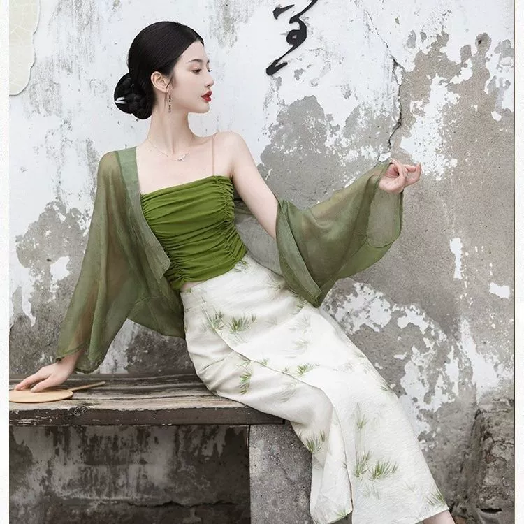 Новый зеленый шаль-кардиган в китайском стиле, летний улучшенный женский шикарный супер-фея и красивый костюм-тройка нестандартной формы Hanfu