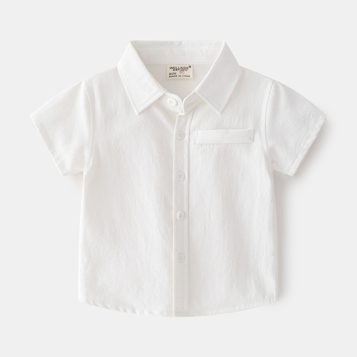 New summer style cotton short-sleeved shirts for small and medium-sized boys, single-color lapel design, casual and trendy children's short-sleeved shirts