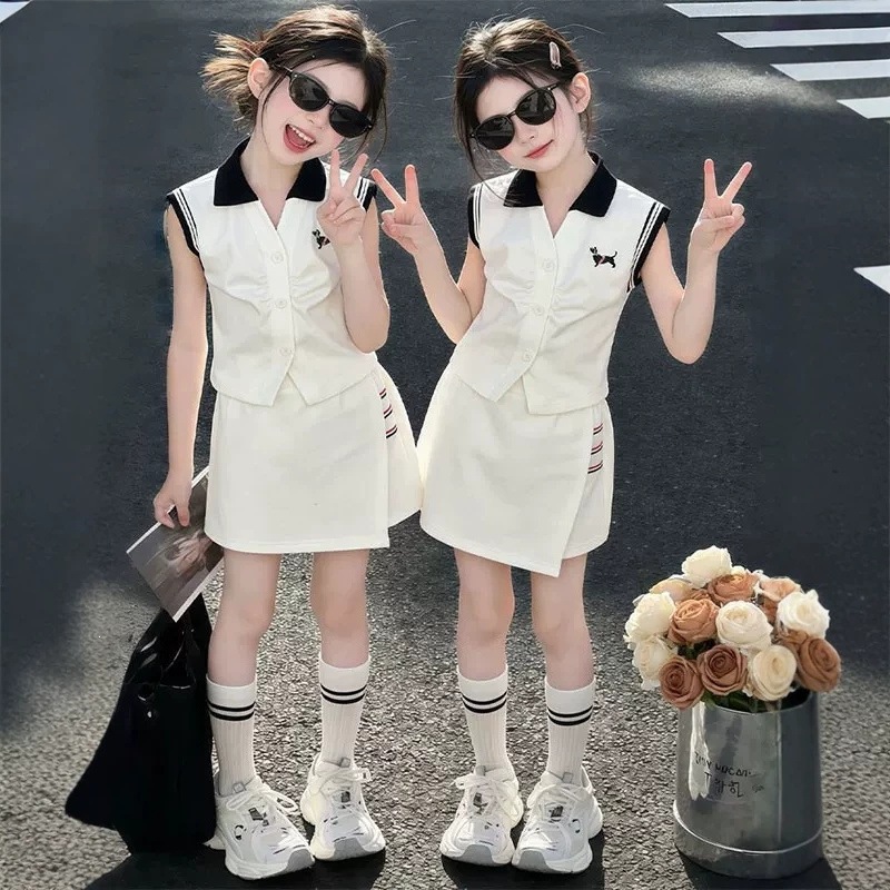 Girls' two-piece summer set, stylish and fashionable, sleeveless T-shirt dress and pants for middle and large children, suitable for primary and secondary school students.