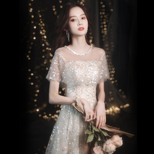 Champagne Evening Dress Socialite Fairy Dignified Temperament Spring Birthday Bridesmaid Dress 2025 New Slim Fit Women