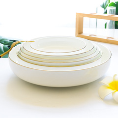 骨瓷金邊餐盤家用裝菜深盤子深口碟子菜碗菜盤炒菜湯盤創意深窩盤