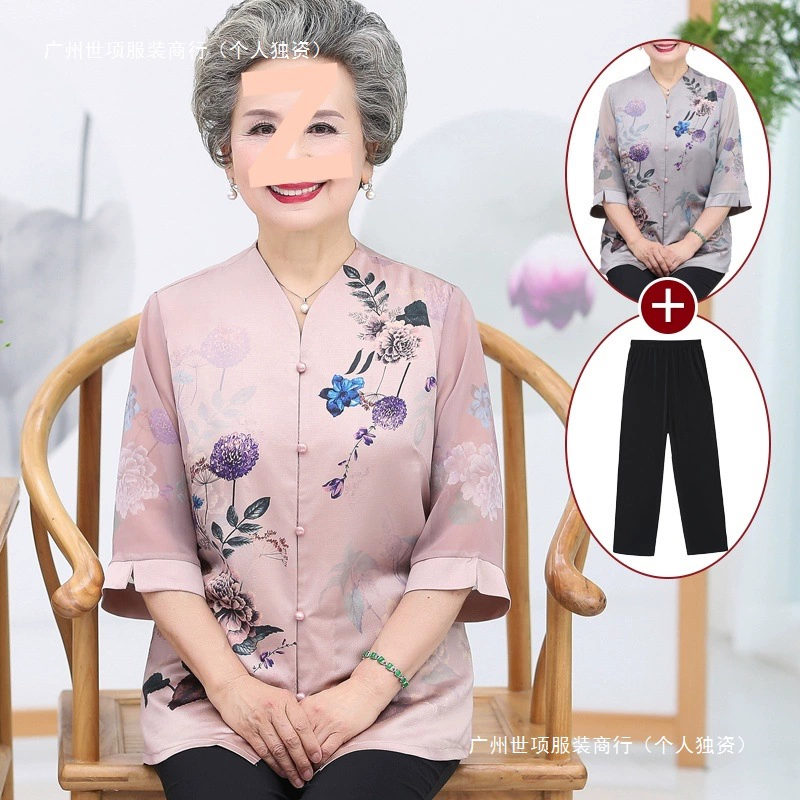Летний шелковый костюм бабушки для женщин среднего и пожилого возраста, топы из шелковицы для пожилых людей, модная одежда для мам, весенние и осенние рубашки.