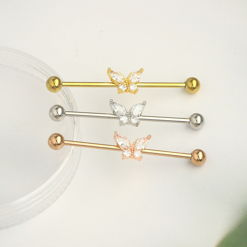 14G External Thread Industrial Barbell Butterfly Zircon Ear Bridge Double Ear Piercing Stud Earrings detail image 7