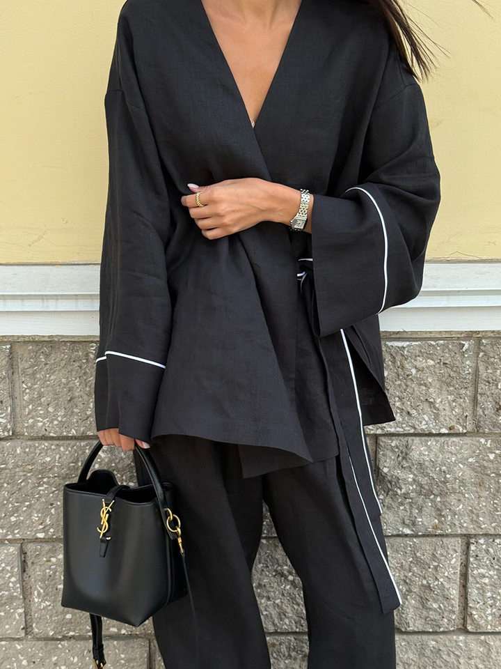Bộ đầm hai món nữ áo cardigan cổ chữ V dài tay phối quần ống rộng — Màu be, Xanh lá cây, màu đen chi tiết 5