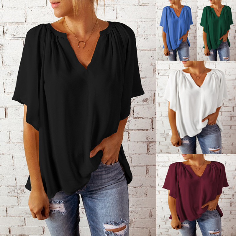 Women's Chiffon Shirt Half Sleeve Blouses Patchwork Casual Solid Color display picture 1