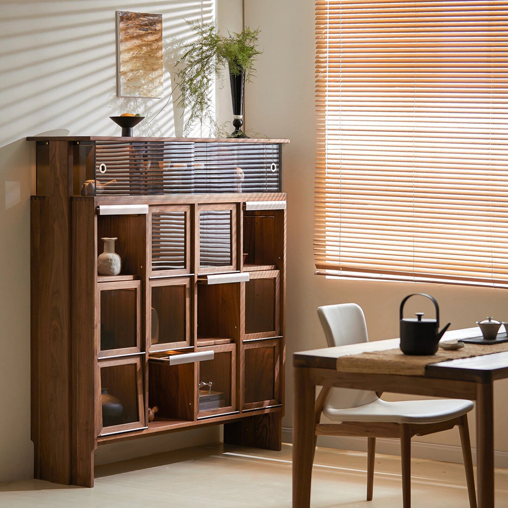 苏卯新中式实木茶柜简约展示柜复古黑胡桃木酒柜客厅茶室收纳柜子