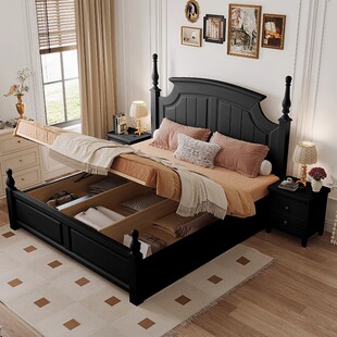 American Style Solid Wood Bed 1.8 m Double Bed Master Bedroom Big Bed 1.5m Storage Oak Black Vintage French Wedding X20