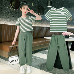 女童短袖長褲套裝2023夏季韓版休閒運動中大童洋氣純棉女生兩件套