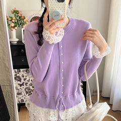 韩系蕾丝花边拼接系带毛衣女装秋冬新款小清新女式针织开衫上衣