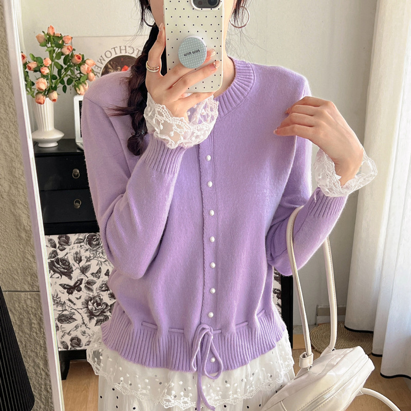 Korean Style Lazy Style Lace Splicing Sweater Women's Autumn and Winter New Design Waist Fresh Knitted Cardigan Top