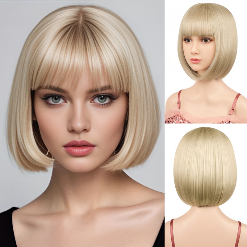 European and American Cross-Border Wig Natural Women's Short Straight Hair Bob Air Bangs Fluffy Full Wig Hair Full Headgear