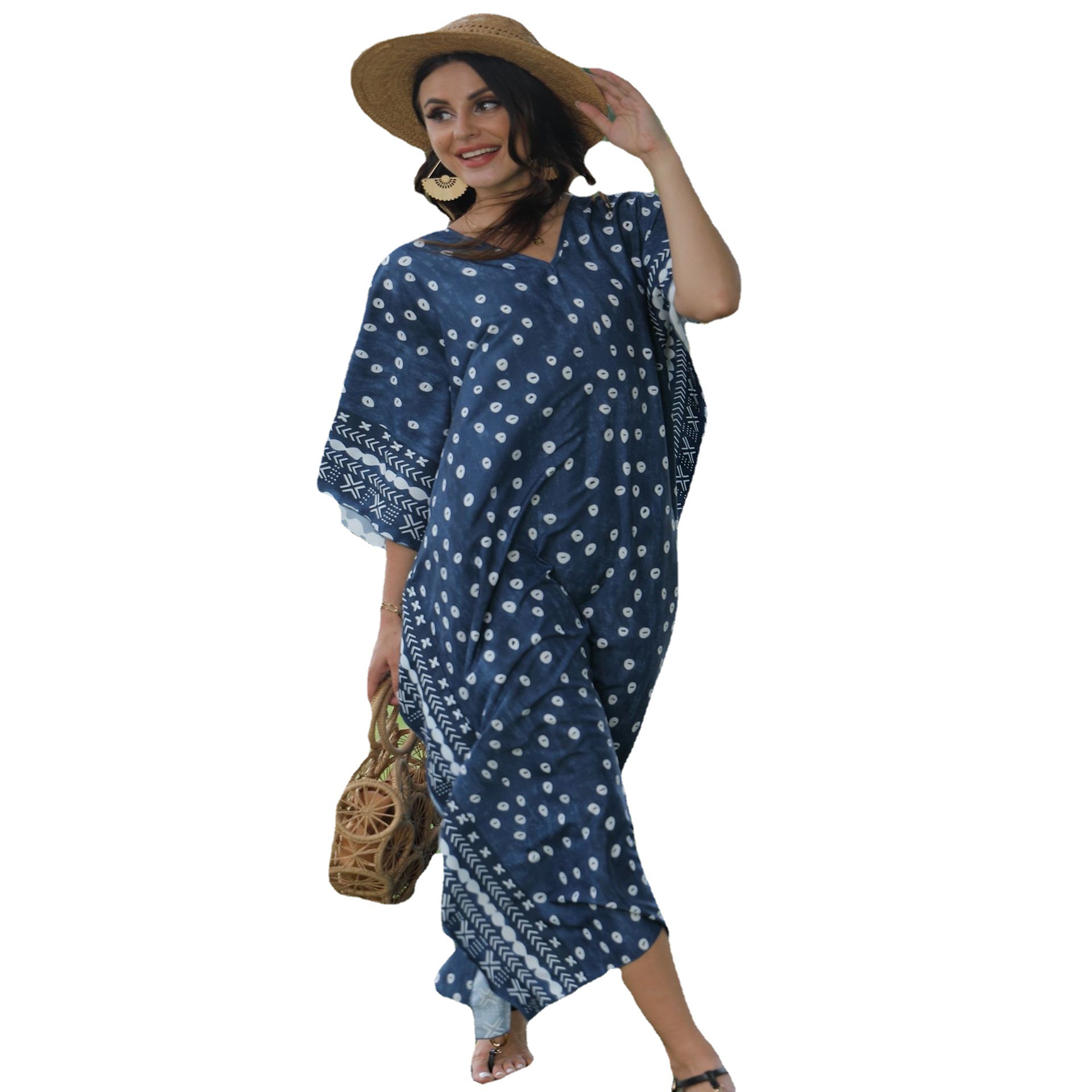 Cruzar la frontera europea y americana suelta casual con cuello en V vestido de traje ropa de protección solar playa vacaciones bikini blusa 5D97