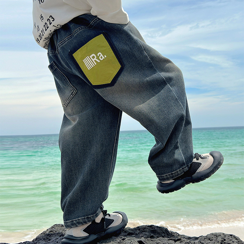 (2개) 동화 메모리 2024 봄 새 어린이 바지 어린이 한국어 편지 가죽 라벨 청바지 소년 봄 유행 바지