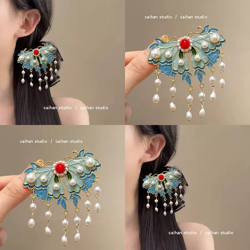 又见佳人~蝴蝶烧蓝珍珠流苏发夹女复古高级感宫廷发夹气质盘发器