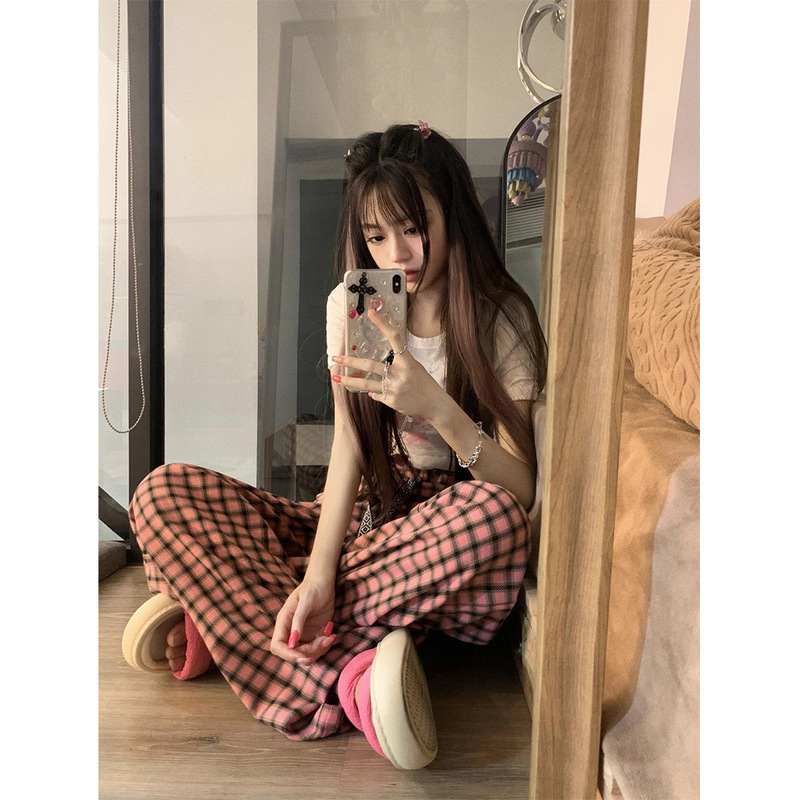 Drawstring wide-leg plaid pants women's thin summer pink high waist loose straight slimming casual sports lengthened pants