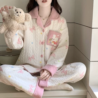 新款空气棉夹层睡衣女秋冬季可爱卡通可爱开衫长袖加厚家居服套装