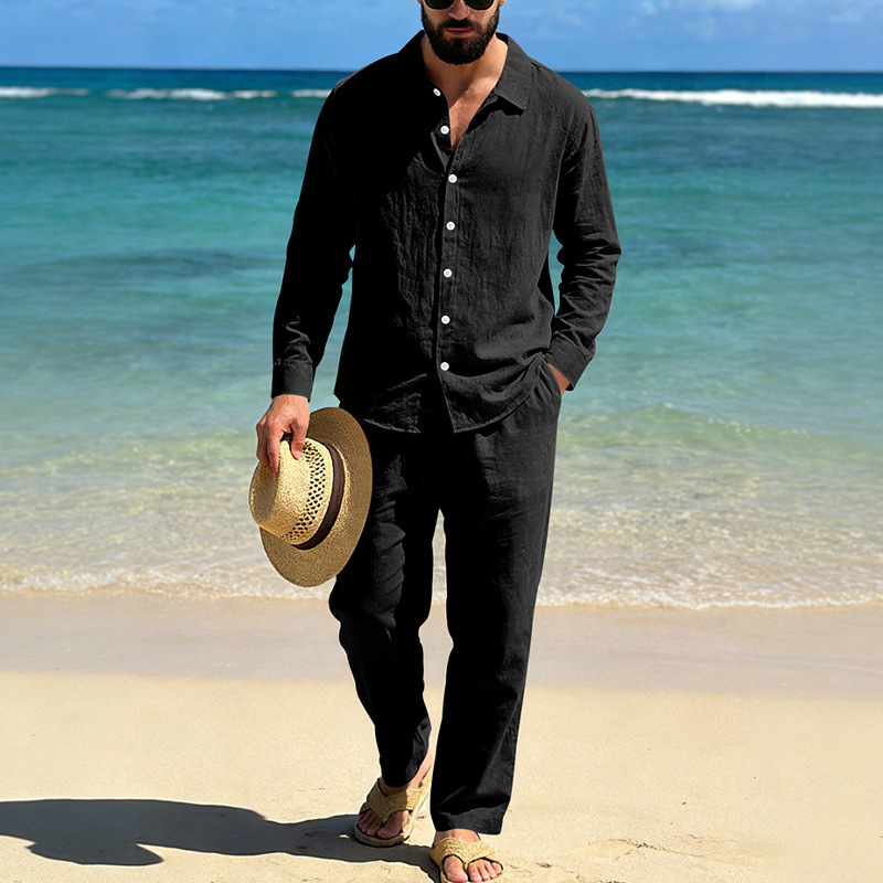Camicia da uomo in lino a maniche lunghe, casual, primavera/autunno, da pendolare, con colletto, stile americano, pantaloni a gamba dritta, completo da spiaggia_voghion.com