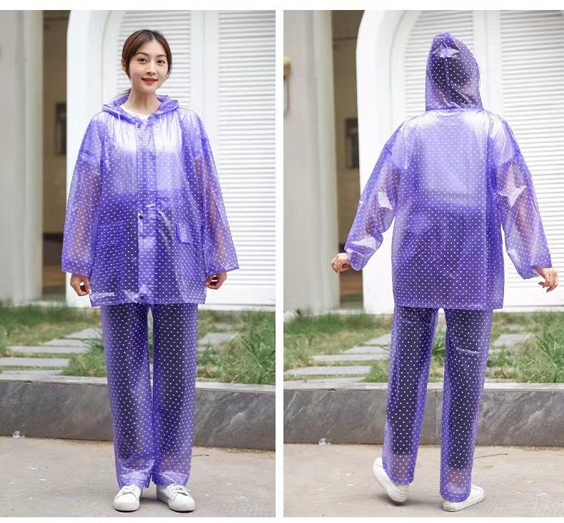 크리스탈 폴카 도트 레인코트 및 레인 팬츠-퍼플