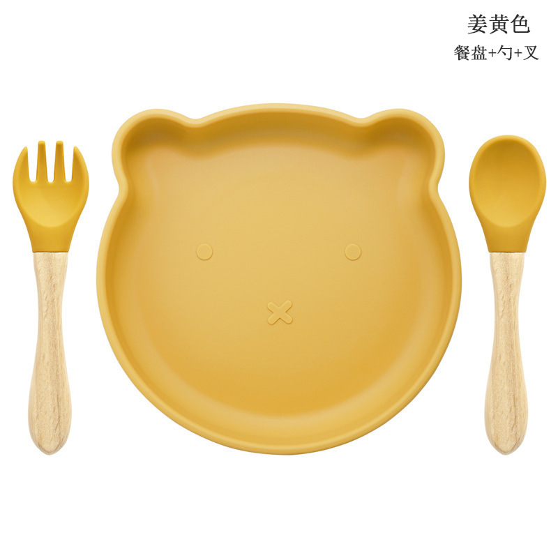 Bebé de alimentación placa cuchara Tenedor traje grado alimenticio silicona Integrado placa niños dibujos animados oso vajilla materna y infantil