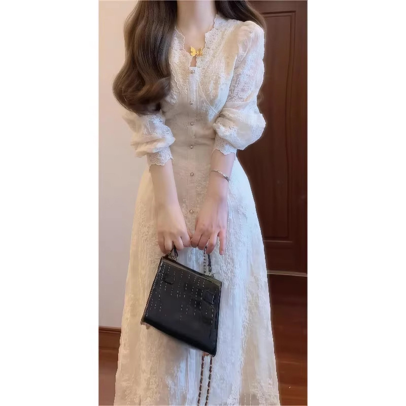 2025 New Autum French Sweet and Gentle Style White Lace Dress Women's Long-Sleeved Waist-Cinching Elegant Long Skirt