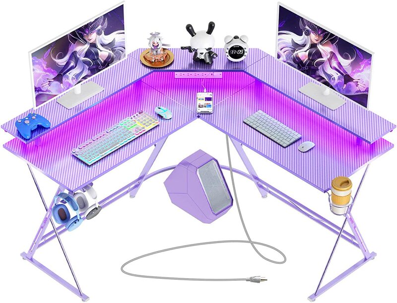 Purple Gaming Desk with Led Light and Power Socket L Shape Gaming Table Carbon Fiber Surface with Cup Holder Headphone Hook